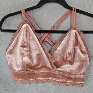Macaron Women Small Coquette Bralette Velvet Vneck Crop Tank Top Shirt Lace Pink